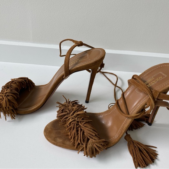 Aquazzura Tan Suede High-Heeled Sandals with Fringe and Ankle Strap in size 7 US - Picture 2 of 8